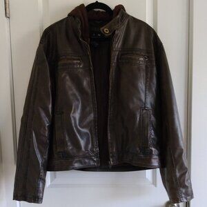i5 Brown Men's Motorcycle Hooded Jacket Faux Leather Size M